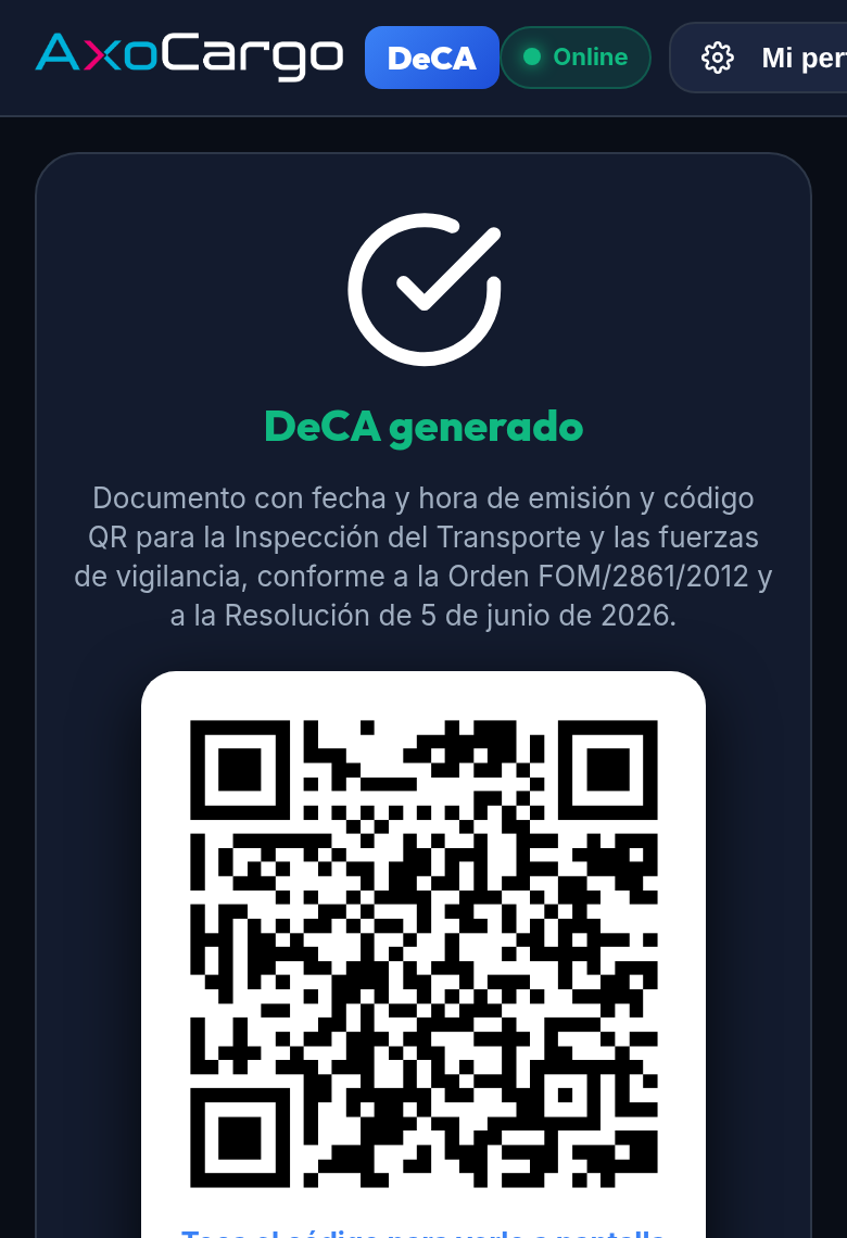Pantalla «DeCA generado» con el código QR de descarga y el código de verificación