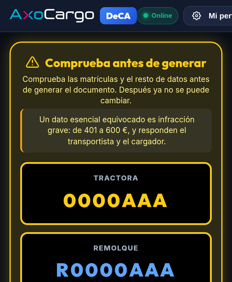 Pantalla «Comprueba antes de generar» con la tractora y el remolque resaltados en amarillo sobre fondo negro